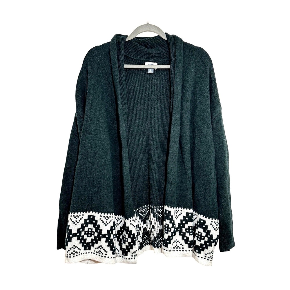Old Navy Dark Green‎ Fair Isle Shawl Collar Open Front Cardigan Sweater Large L